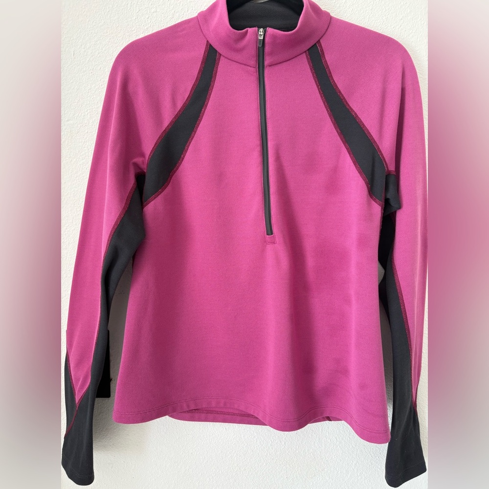REI Women's Large Quarter Zip Pullover Pink Black Athletic‎ Stretch Running Top